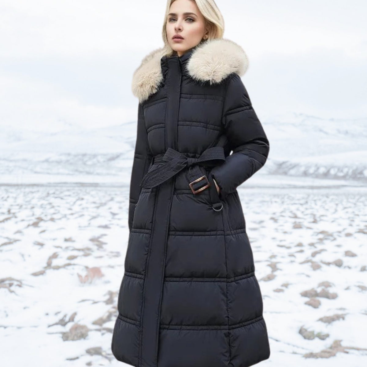 Women's Designer Fur-Hood Longline Puffer Winter Parka - Black and White