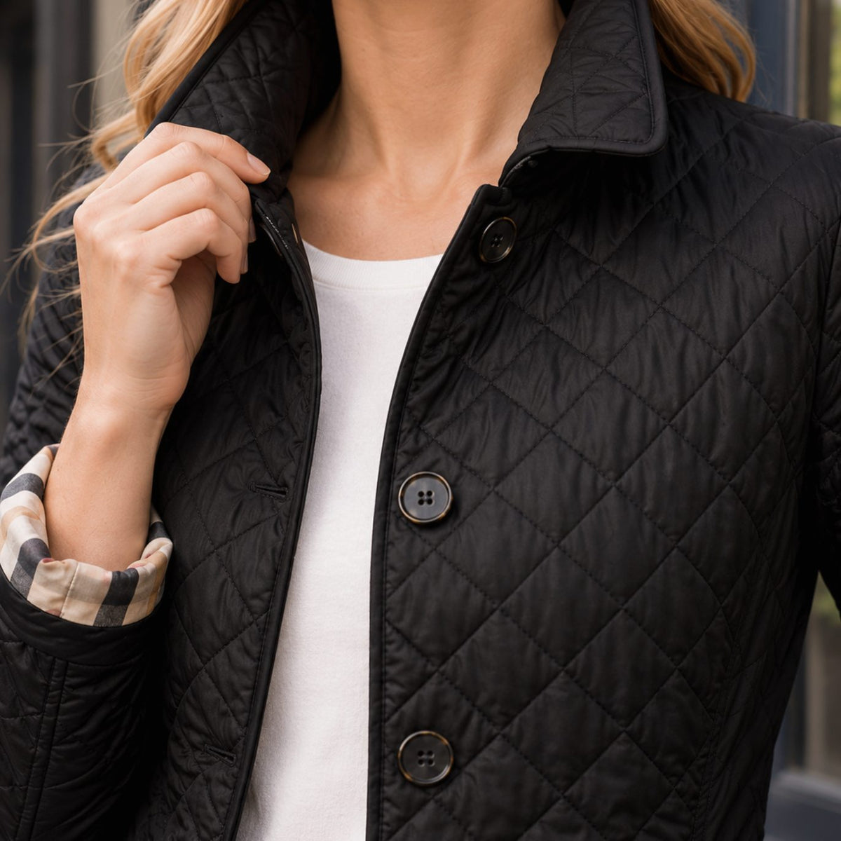 Women's Diamond-Quilted Button-Front Jacket Checked Cuffs