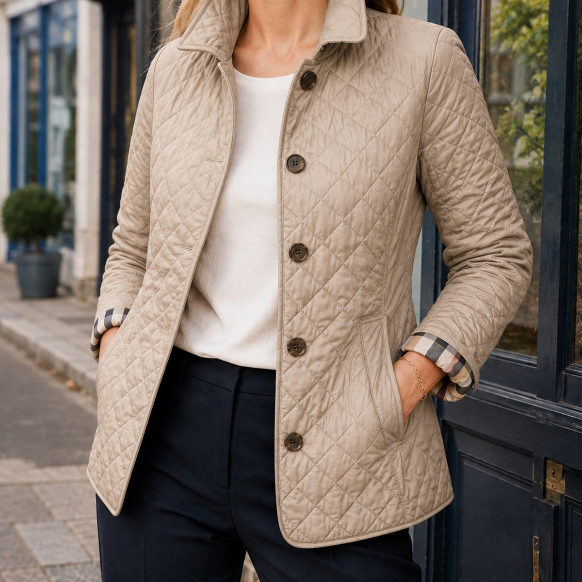 Women's Diamond-Quilted Button-Front Jacket Checked Cuffs - Brown