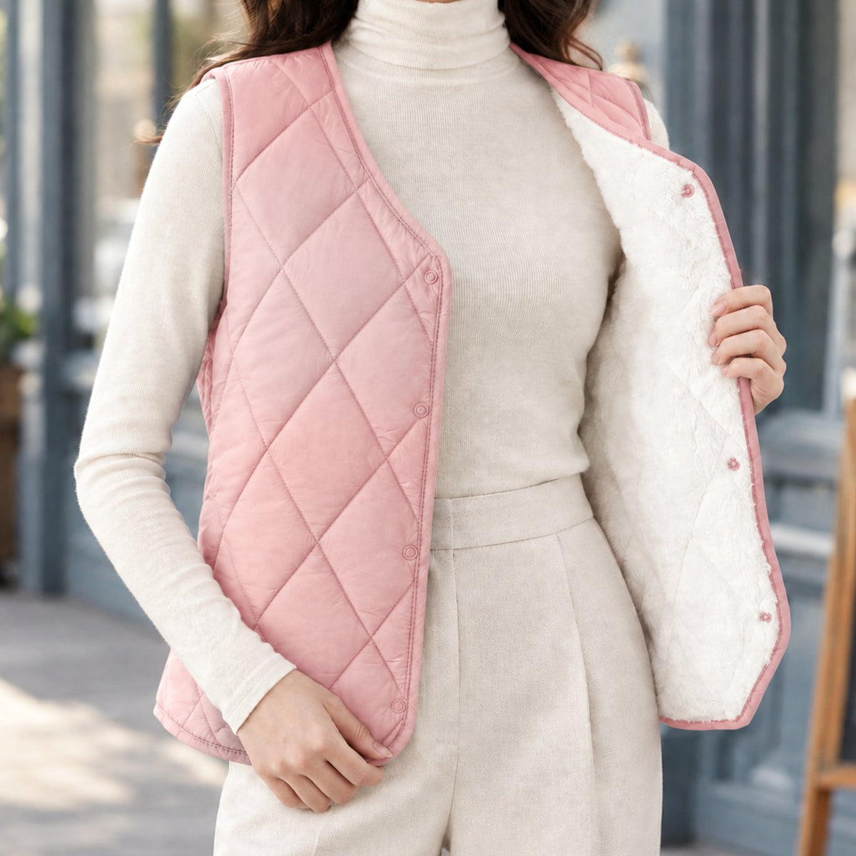 Women's Diamond-Quilted Sherpa-Lined Sleeveless Vest - Peach