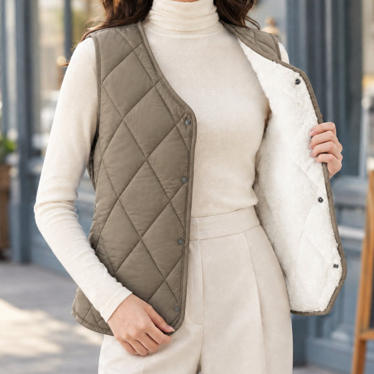 Women's Diamond-Quilted Sherpa-Lined Sleeveless Vest - Khaki