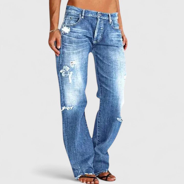 Women's Distressed Denim Jeans Mid Rise Loose Fit - Blue