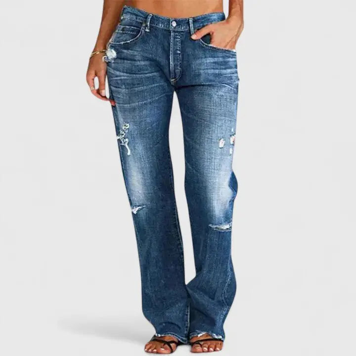 Women's Distressed Denim Jeans Mid Rise Loose Fit - Dark Blue