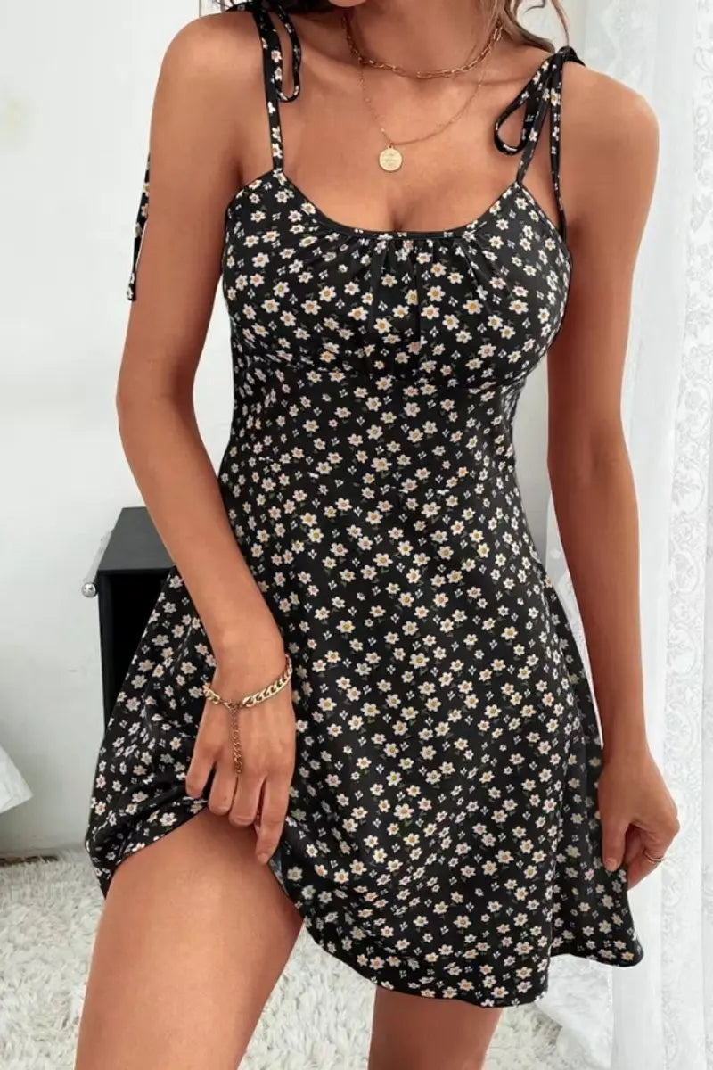 Women's Ditsy Floral Ruched Cami Mini Evening Gown Dress - Black