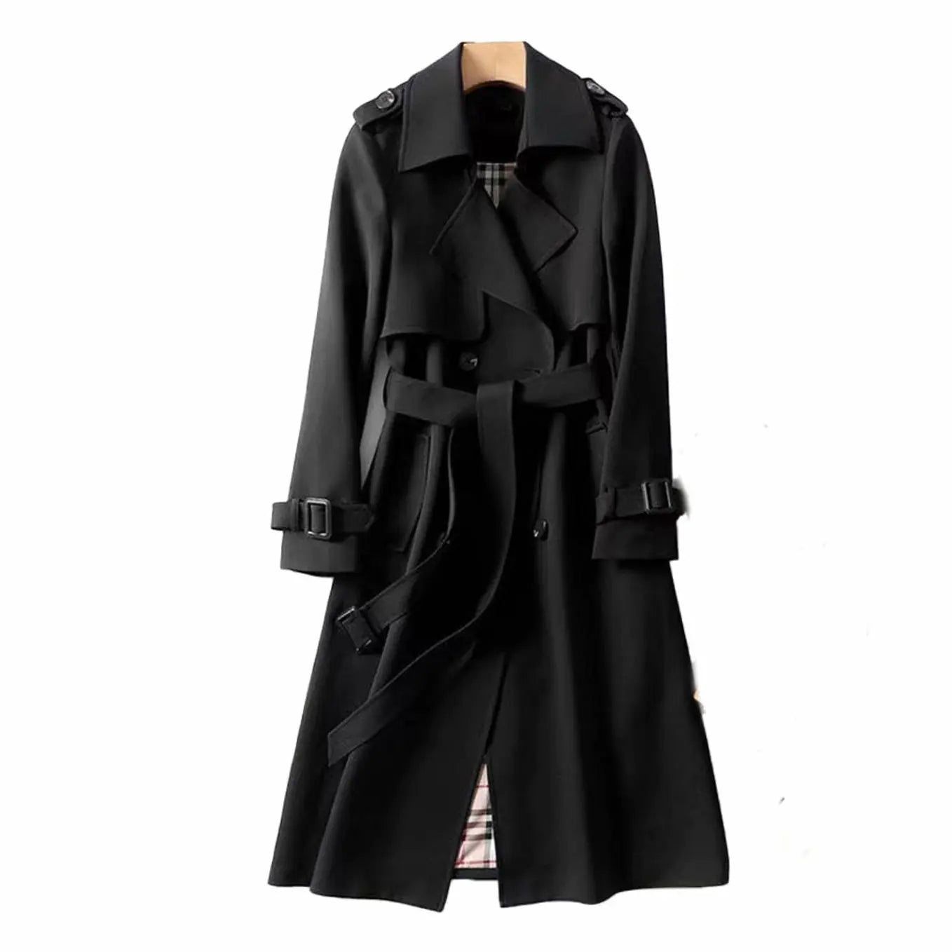 Women's Double-Breasted Belted Longline Trench Coat - Black