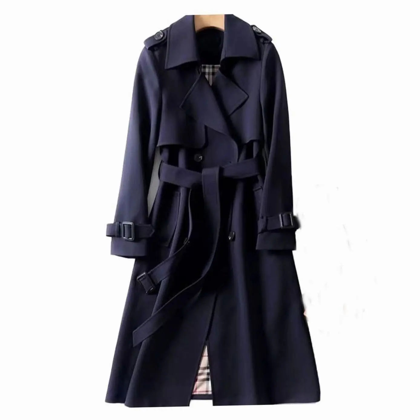 Women's Double-Breasted Belted Longline Trench Coat - Navy