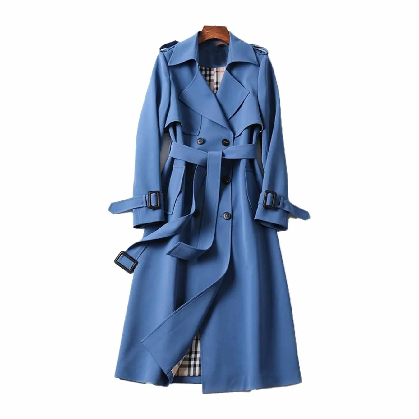 Women's Double-Breasted Belted Longline Trench Coat - Blue