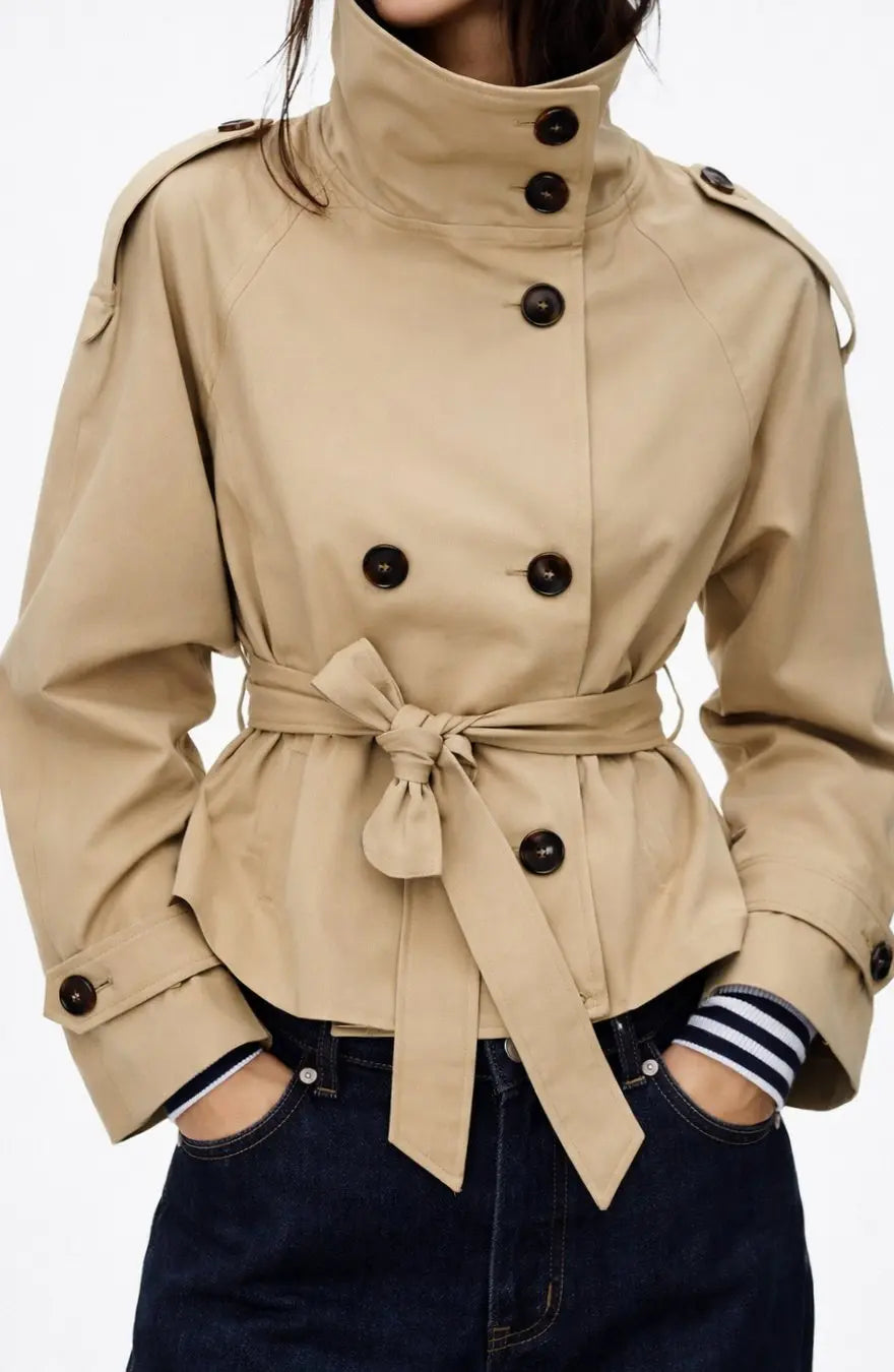 Women's Double-Breasted Belted Trench Coat Blazer - Light Brown