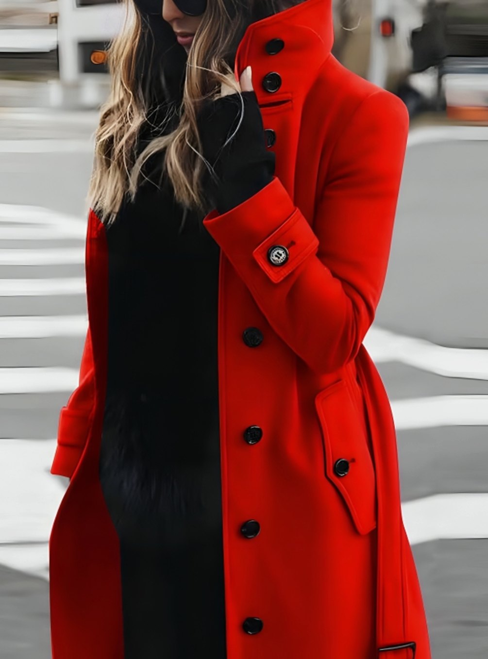 Women's Double-Breasted Belted Trench Coat High-Collar Longline - Red