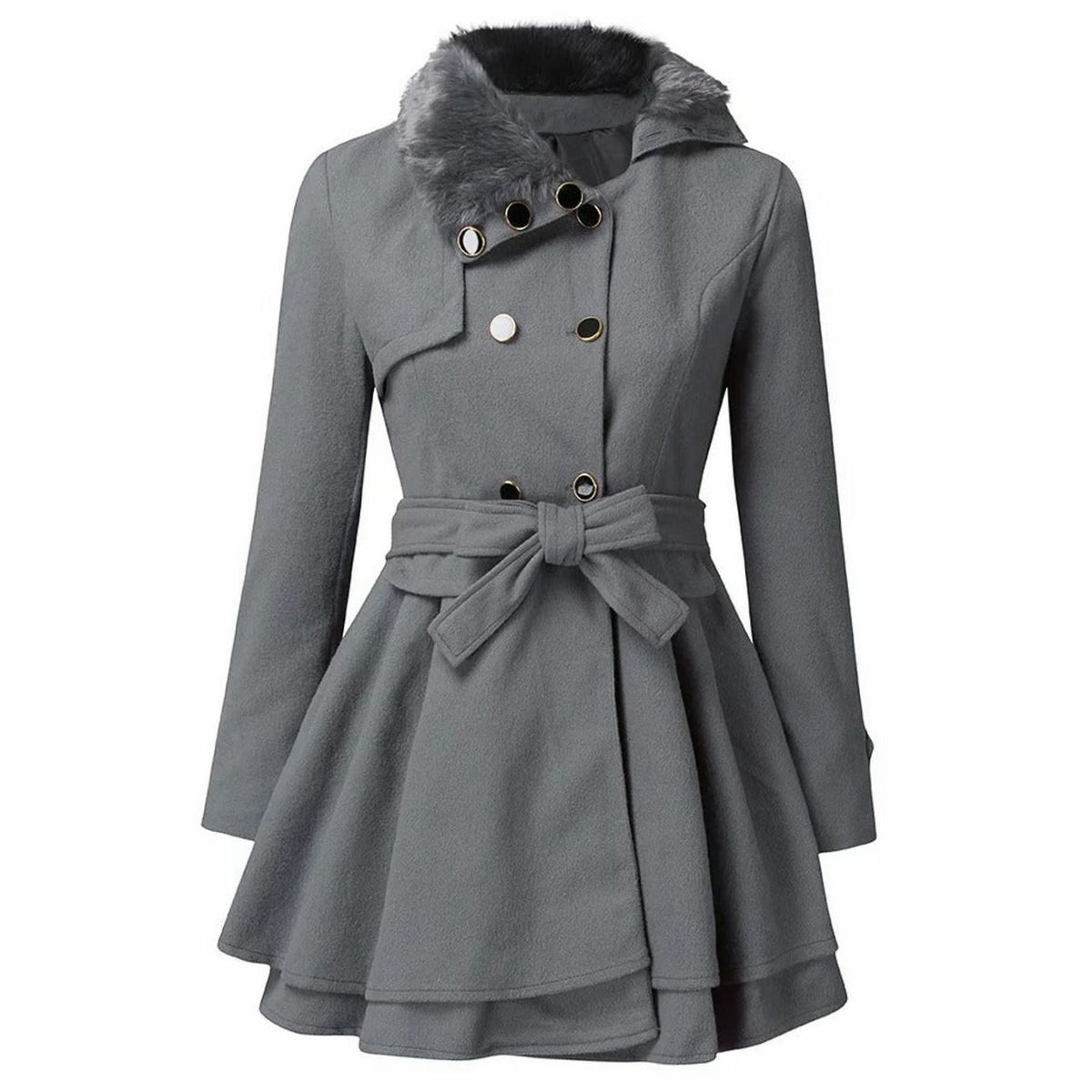 Women's Double-Breasted Faux Fur Collar Belted Ladies Overcoat - Grey