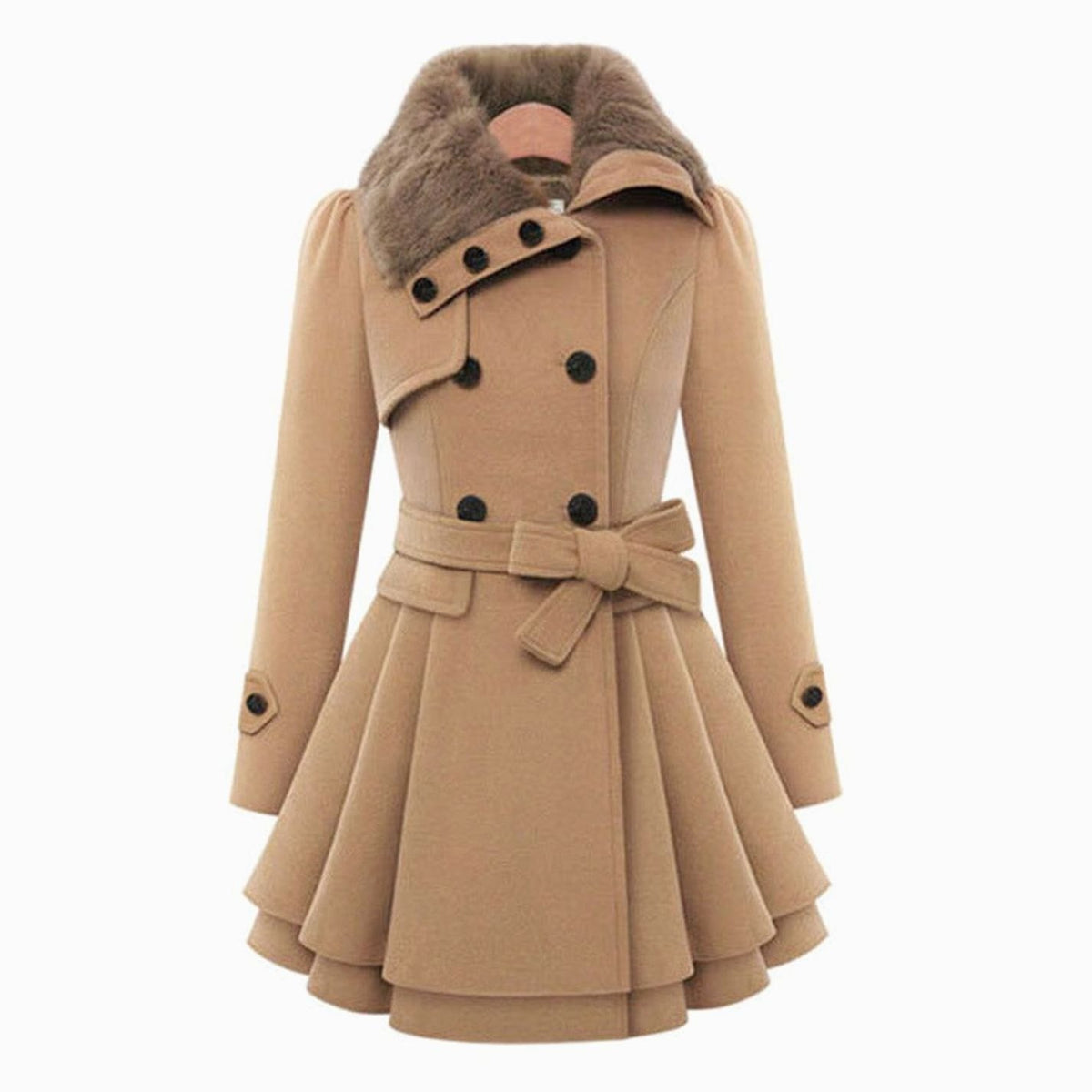 Women's Double-Breasted Faux Fur Collar Belted Ladies Overcoat - Beige