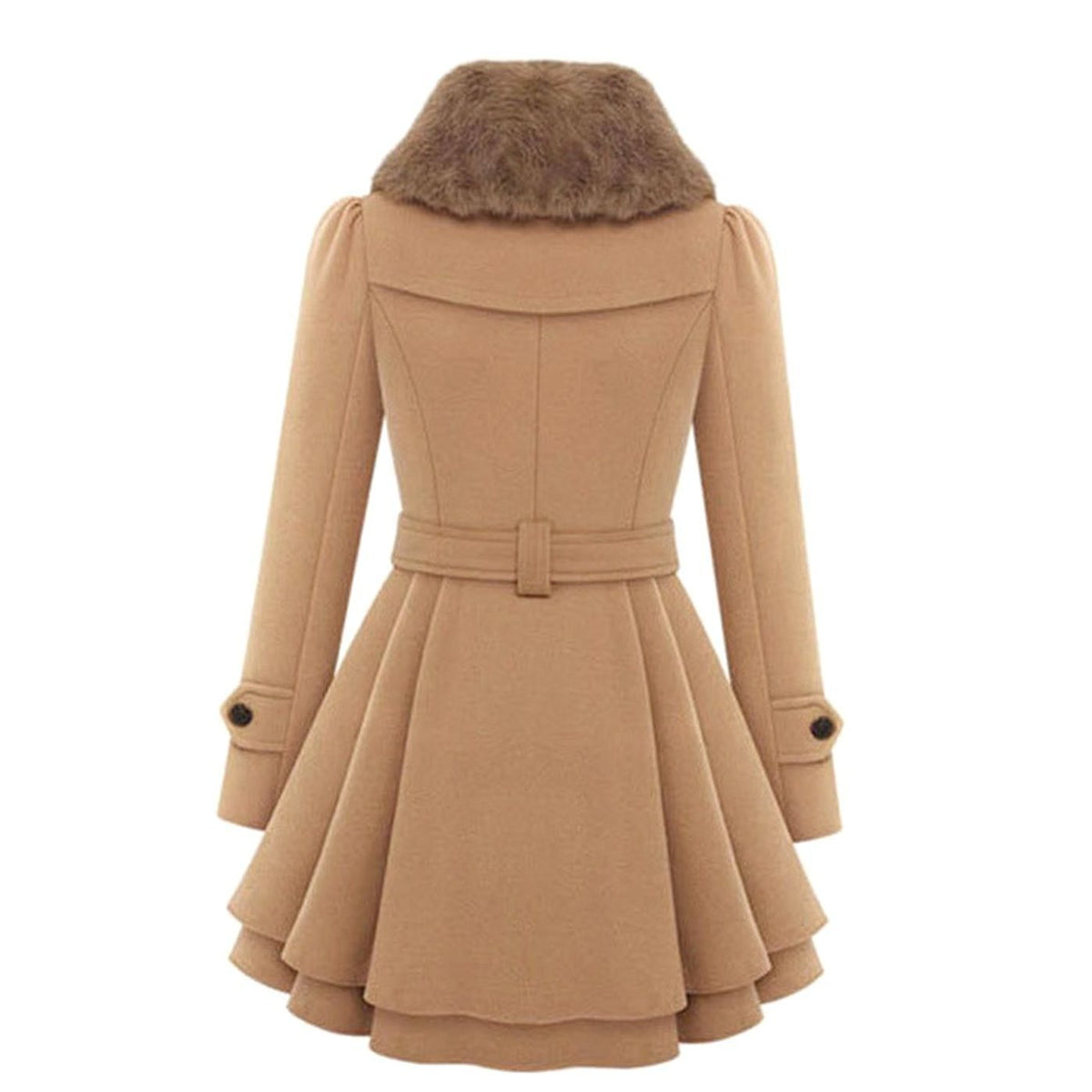 Women's Double-Breasted Faux Fur Collar Belted Ladies Overcoat