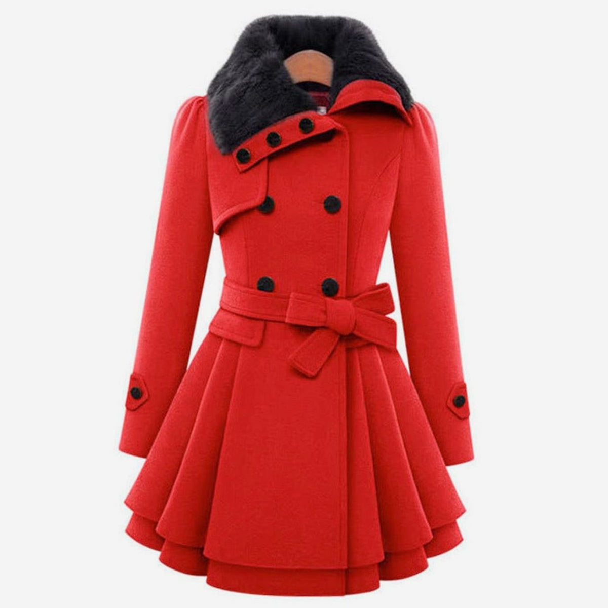 Women's Double-Breasted Faux Fur Collar Belted Ladies Overcoat - Red