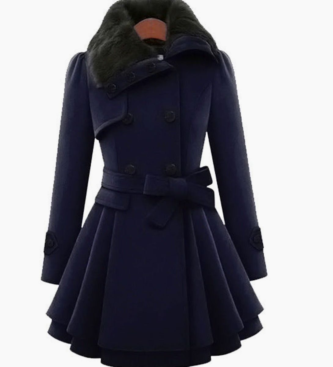 Women's Double-Breasted Faux Fur Collar Belted Ladies Overcoat - Dark Blue
