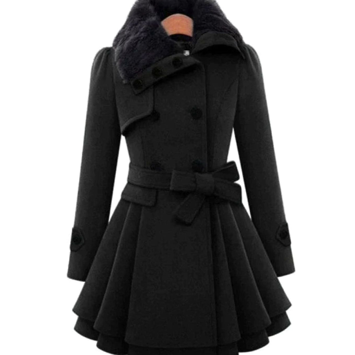 Women's Double-Breasted Faux Fur Collar Belted Ladies Overcoat - Black