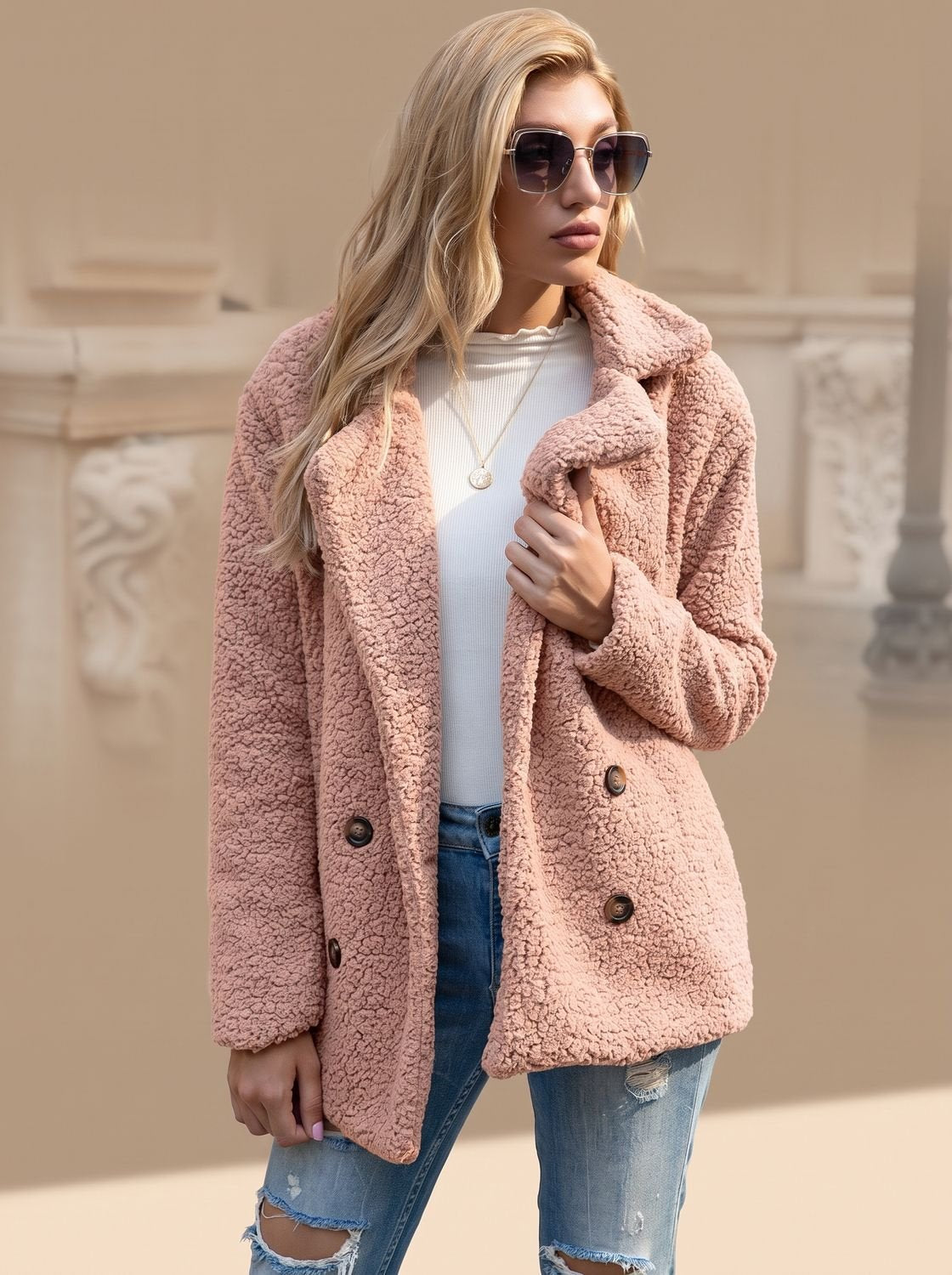Women's Double-Breasted Faux Fur Teddy Coat Notched Lapel