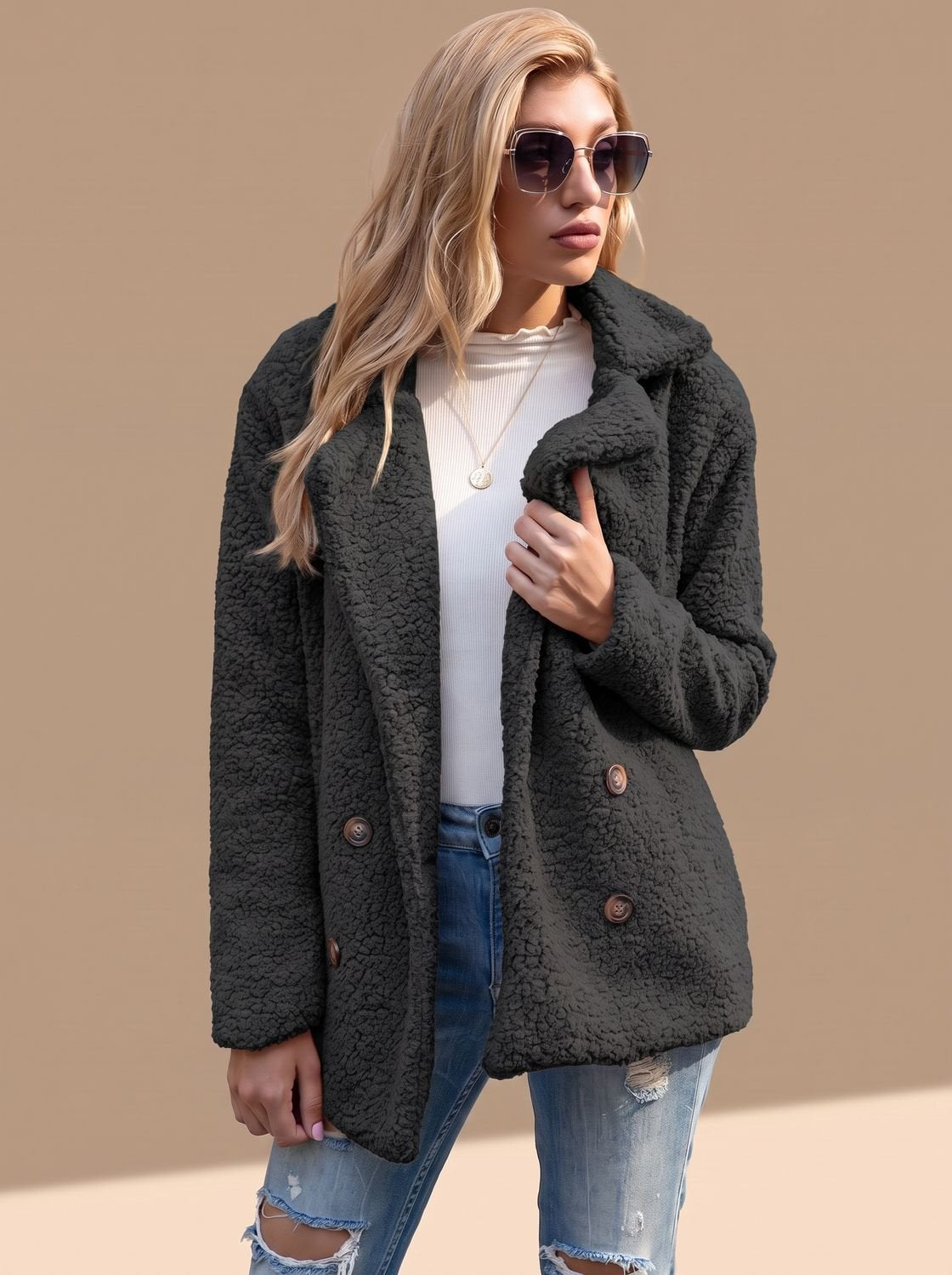 Women's Double-Breasted Faux Fur Teddy Coat Notched Lapel - Black