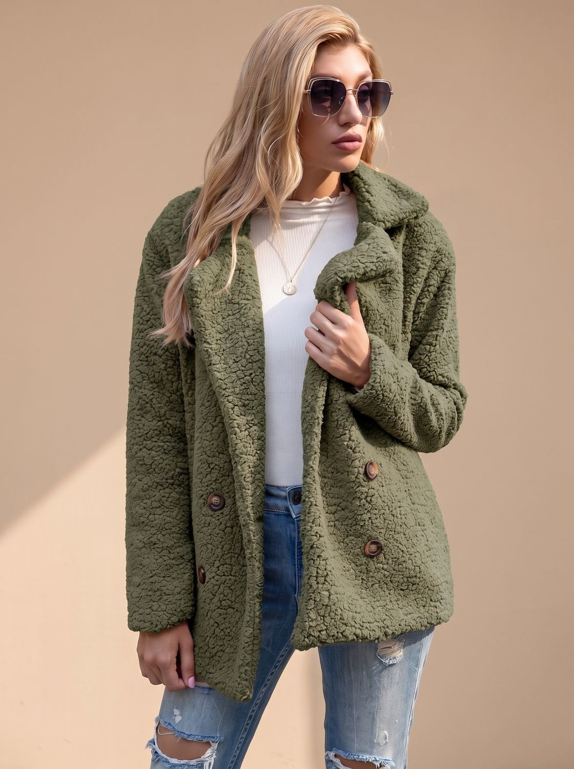 Women's Double-Breasted Faux Fur Teddy Coat Notched Lapel - Grey