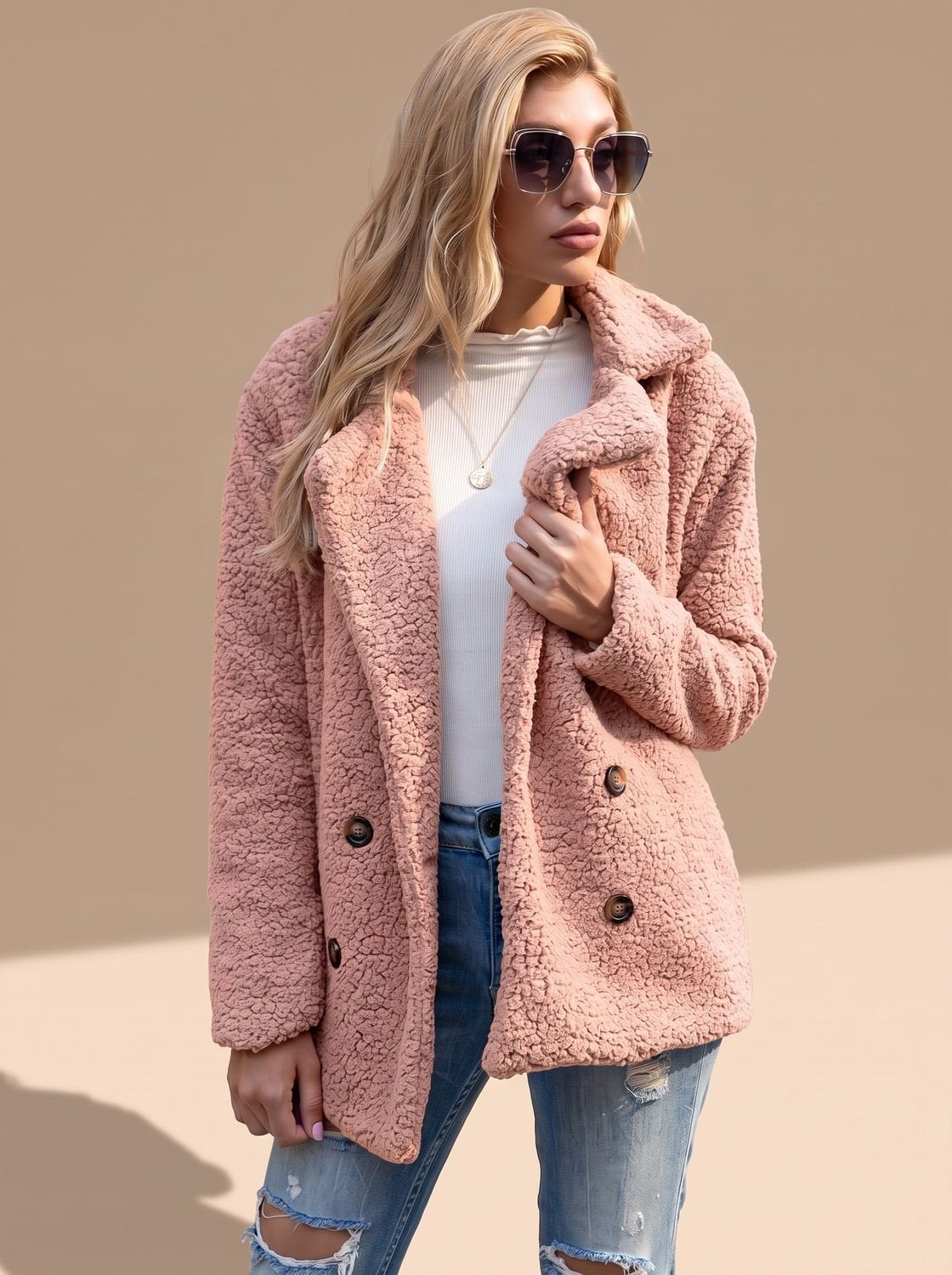 Women's Double-Breasted Faux Fur Teddy Coat Notched Lapel - Pink