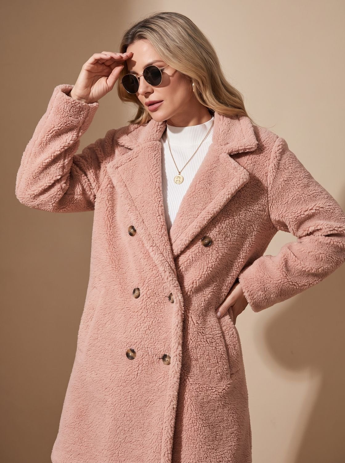 Women's Double-Breasted Faux Fur Teddy Coat Notched Lapel