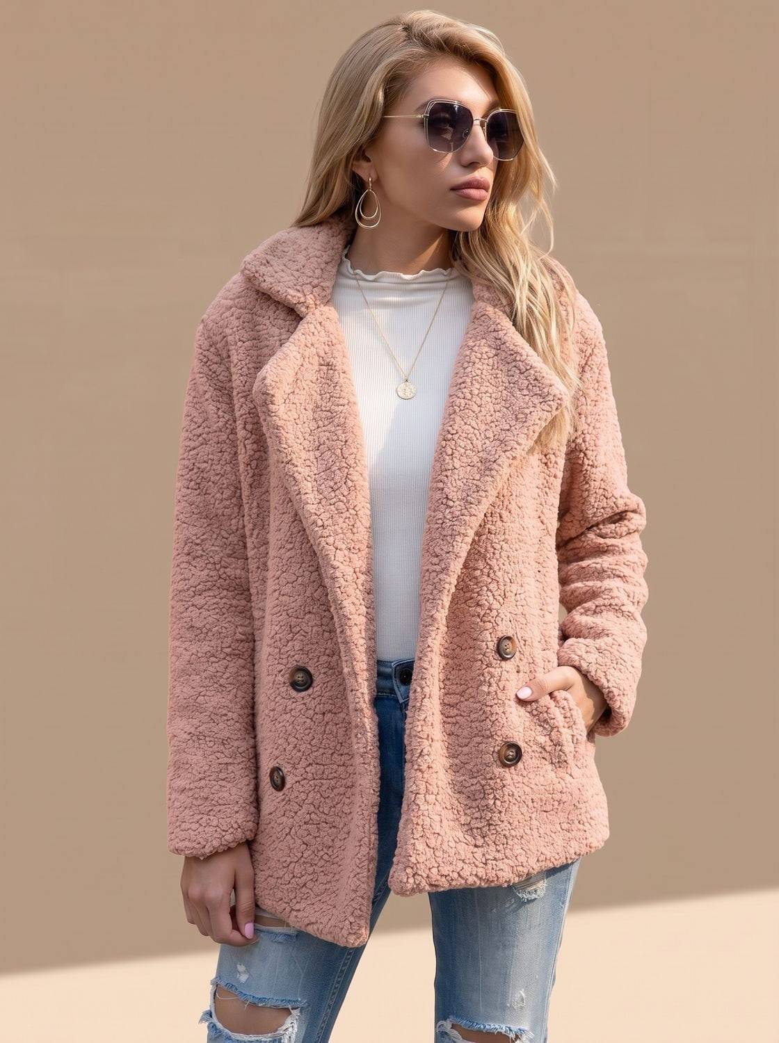Women's Double-Breasted Faux Fur Teddy Coat Notched Lapel