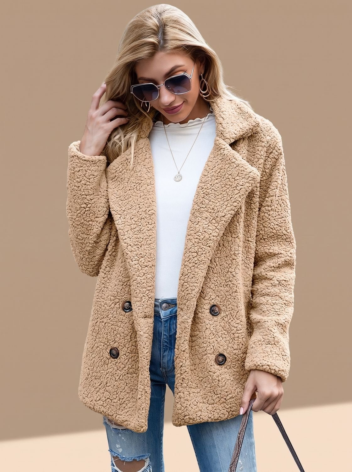 Women's Double-Breasted Faux Fur Teddy Coat Notched Lapel