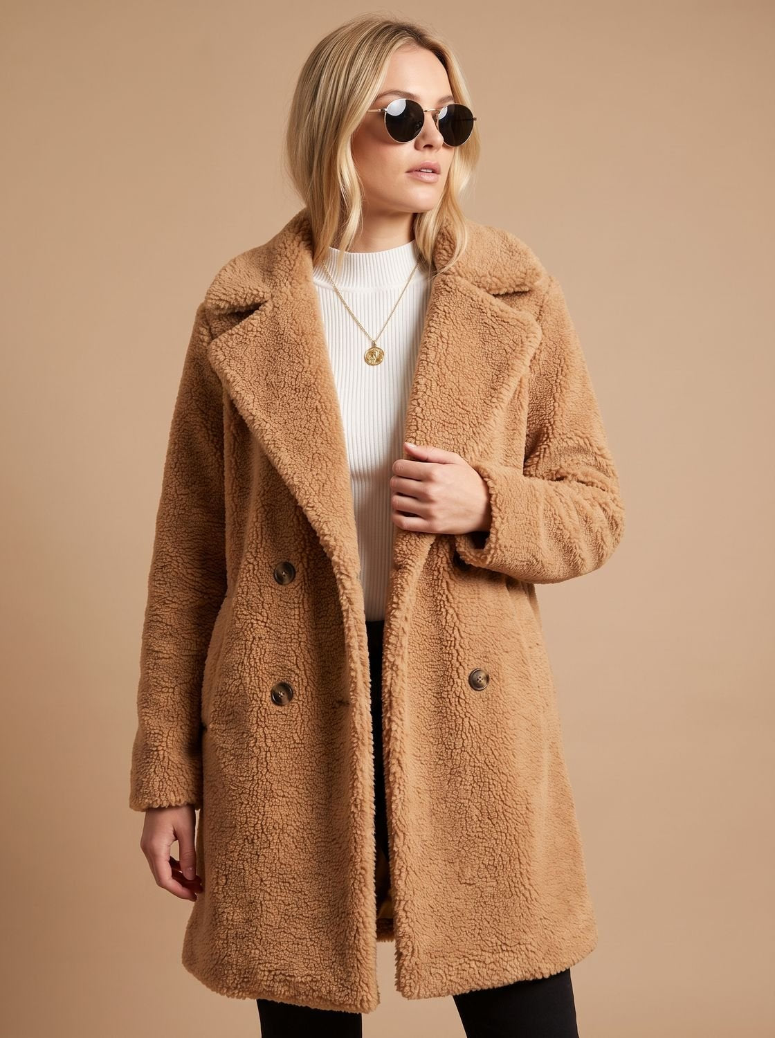 Women's Double-Breasted Faux Fur Teddy Coat Notched Lapel