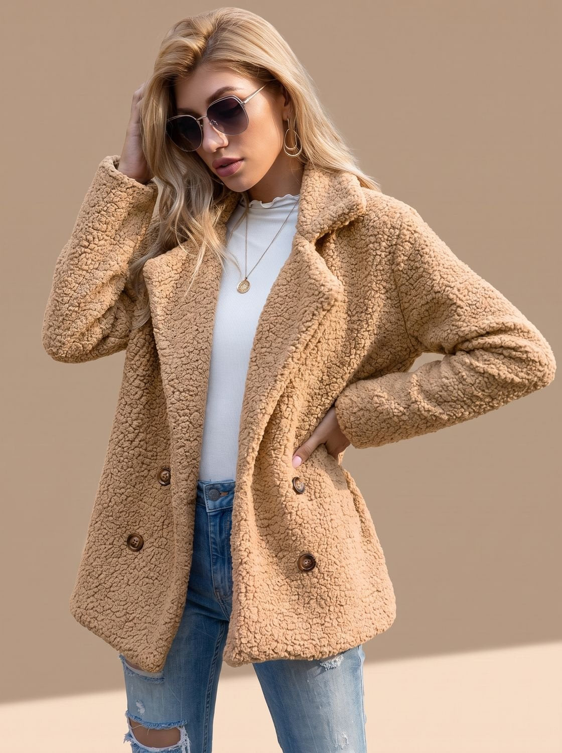 Women's Double-Breasted Faux Fur Teddy Coat Notched Lapel