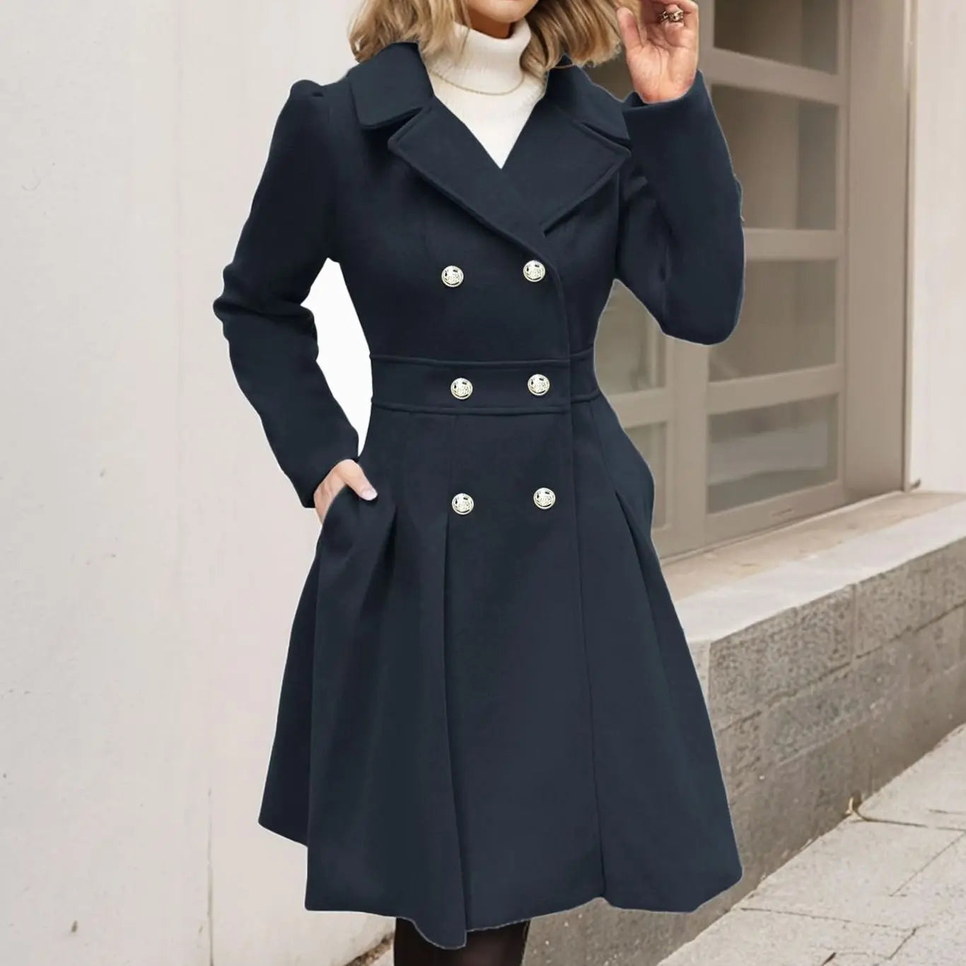 Women's Double-Breasted Flared Pleated Longline Wool-Touch Coat