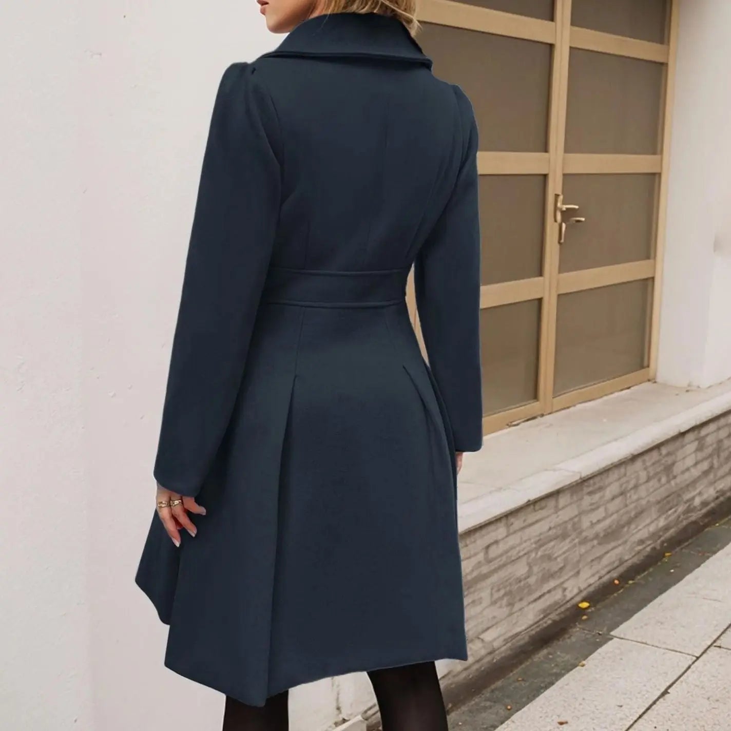 Women's Double-Breasted Flared Pleated Longline Wool-Touch Coat