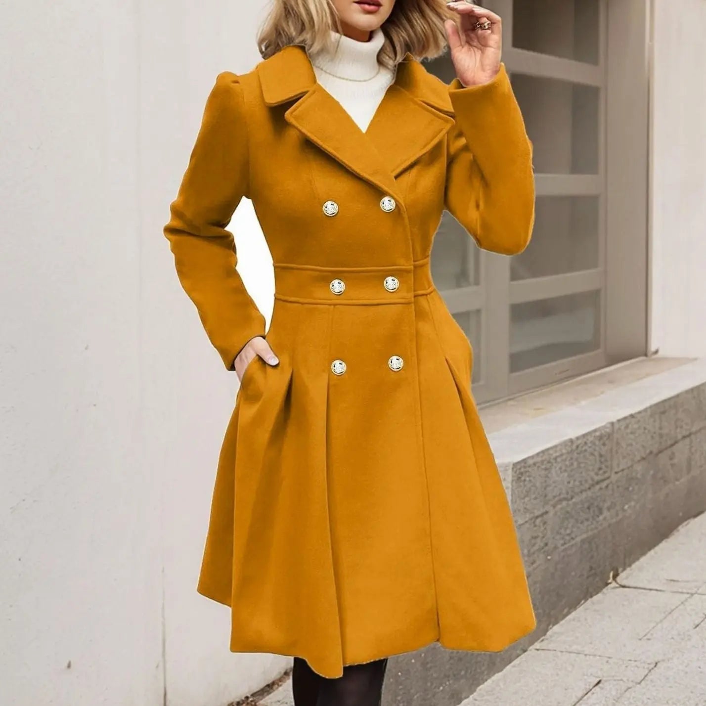 Women's Double-Breasted Flared Pleated Longline Wool-Touch Coat - Yellow