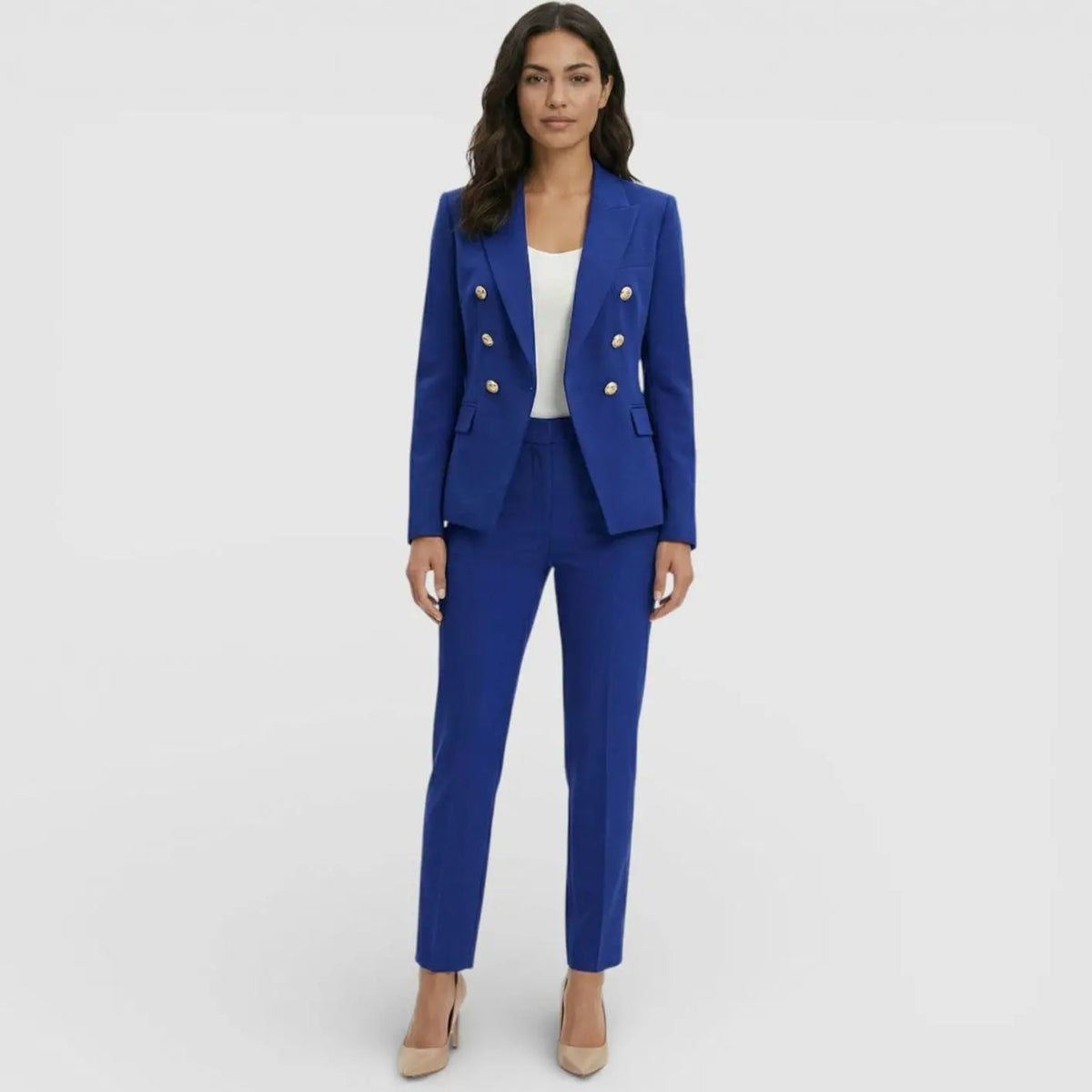 Women's Double-Breasted Gold-Button Blazer Trouser Suit Set - Blue