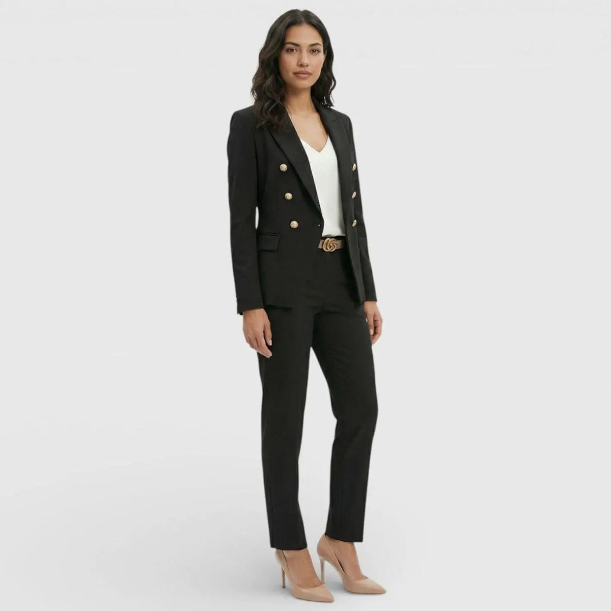 Women's Double-Breasted Gold-Button Blazer Trouser Suit Set