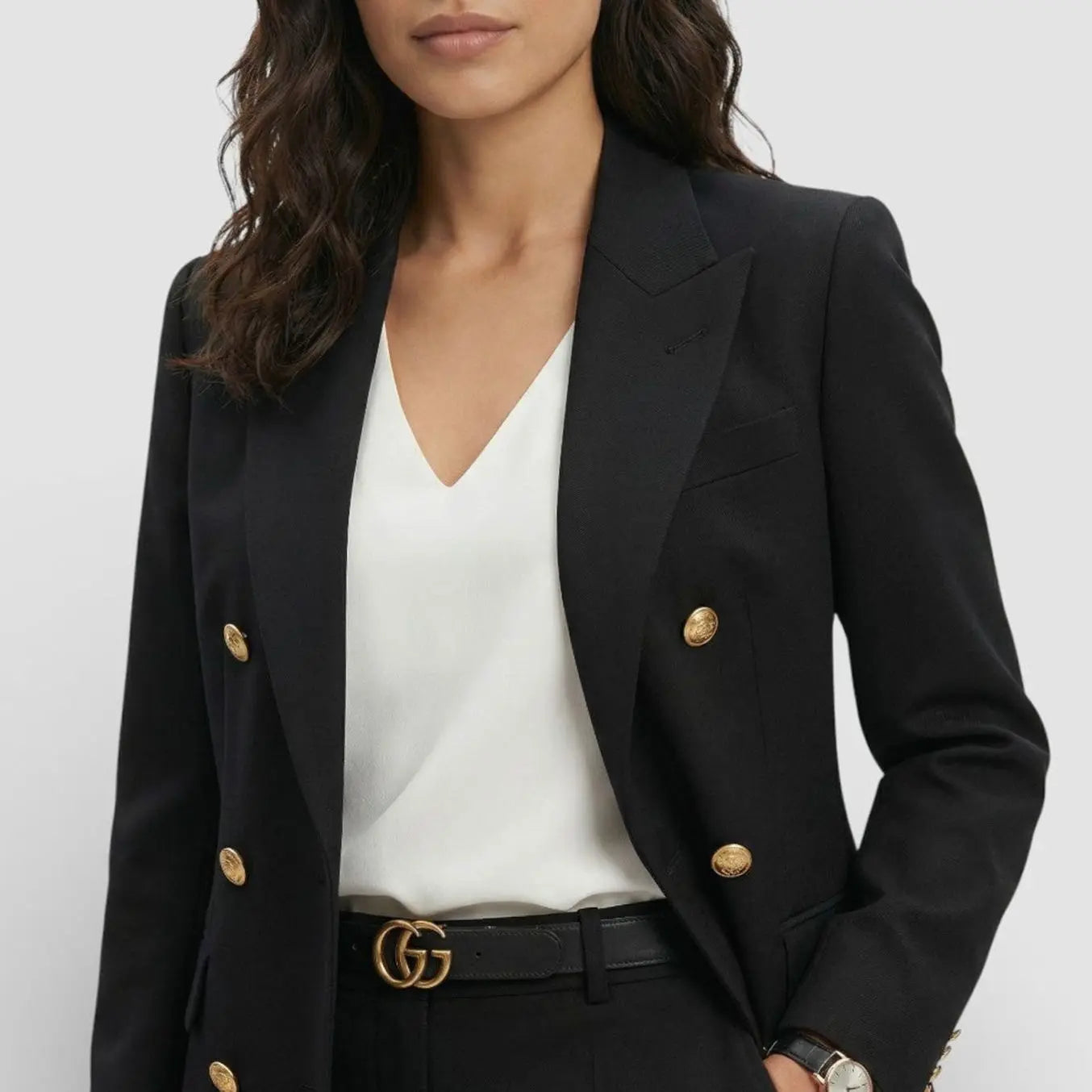 Women's Double-Breasted Gold-Button Blazer Trouser Suit Set
