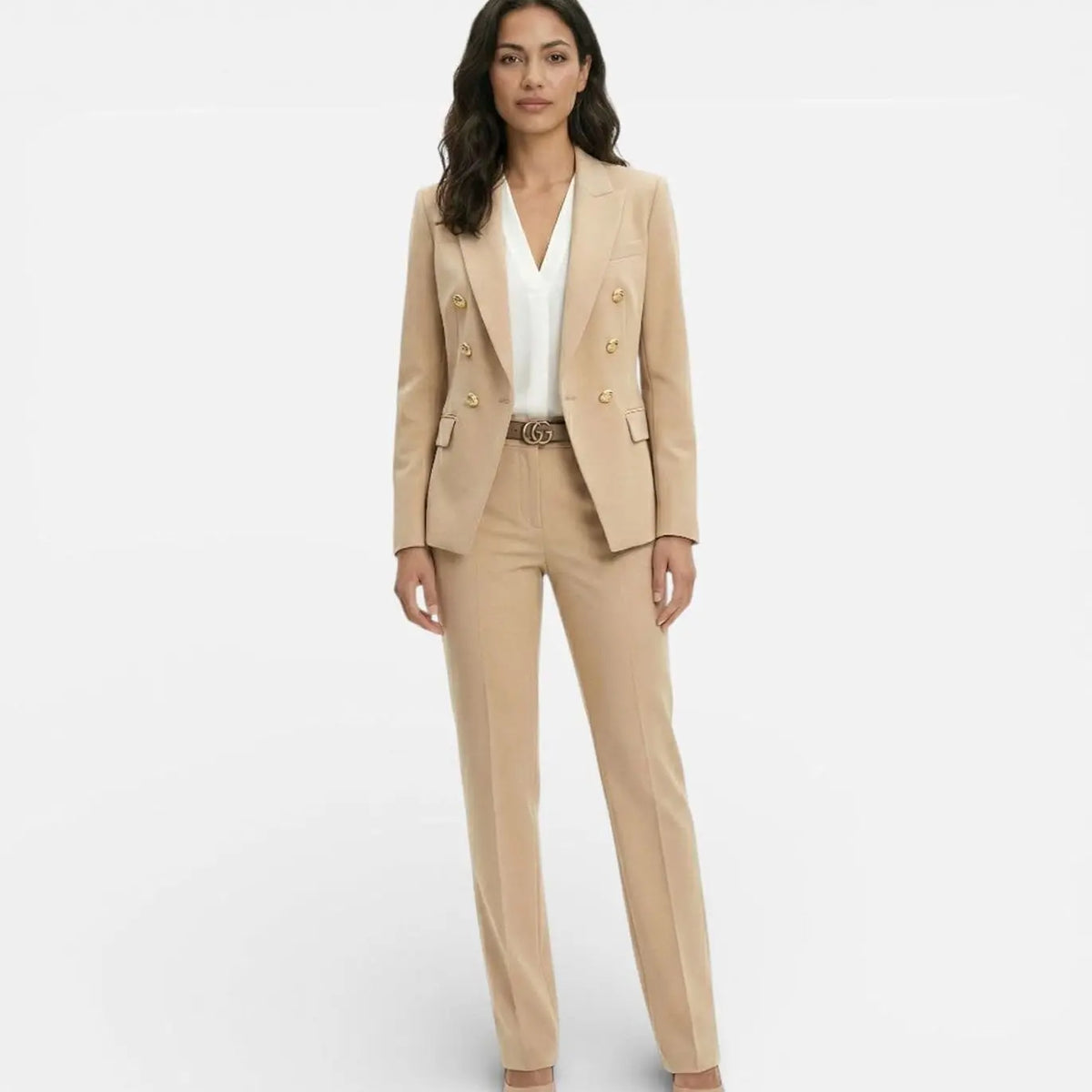 Women's Double-Breasted Gold-Button Blazer Trouser Suit Set - Beige