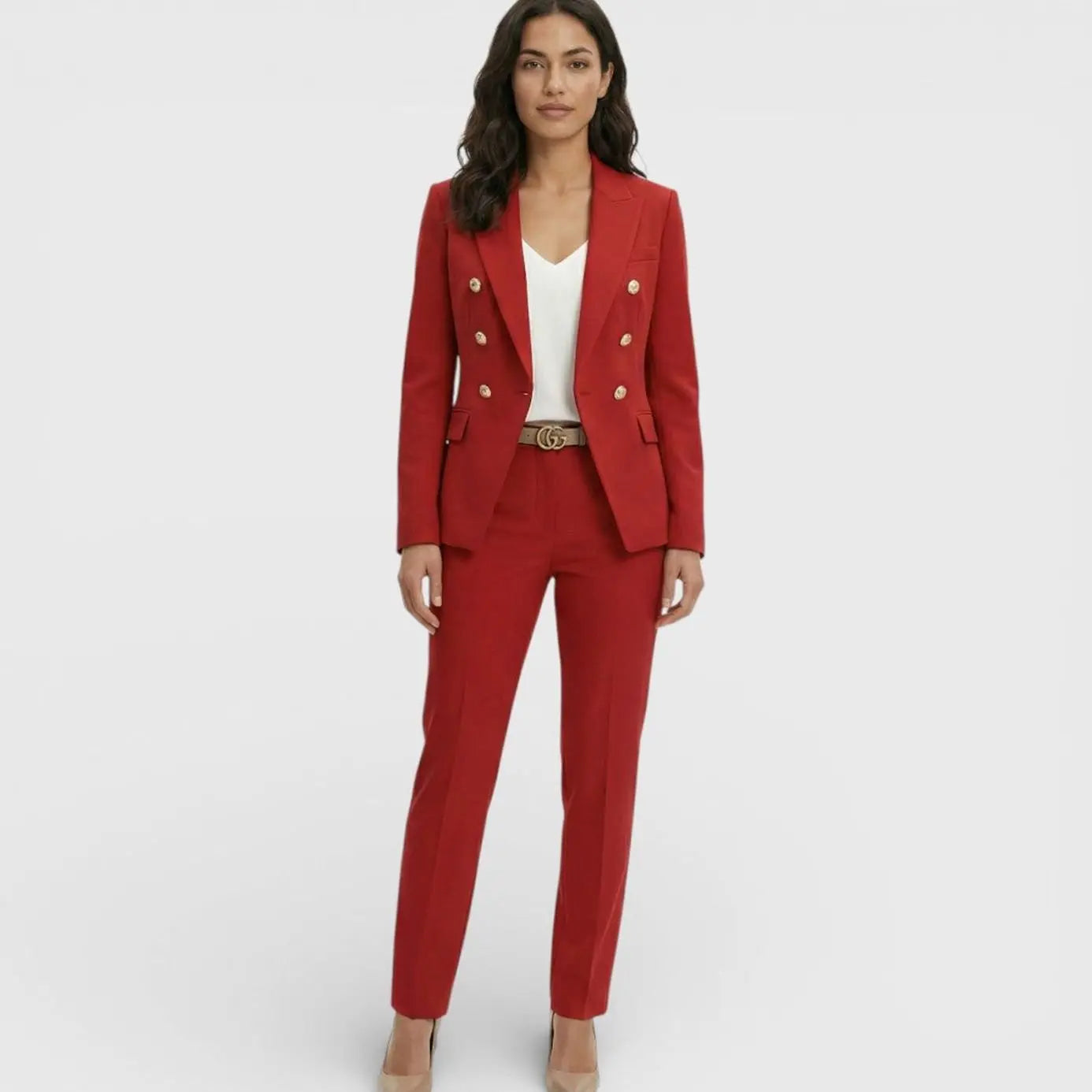 Women's Double-Breasted Gold-Button Blazer Trouser Suit Set - Red