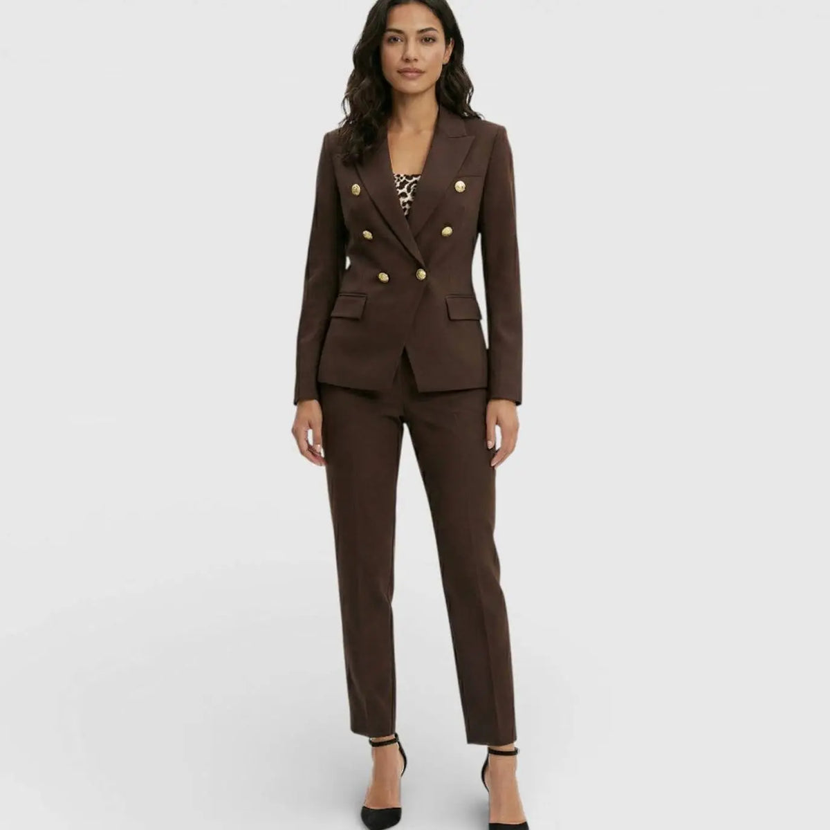 Women's Double-Breasted Gold-Button Blazer Trouser Suit Set - Brown