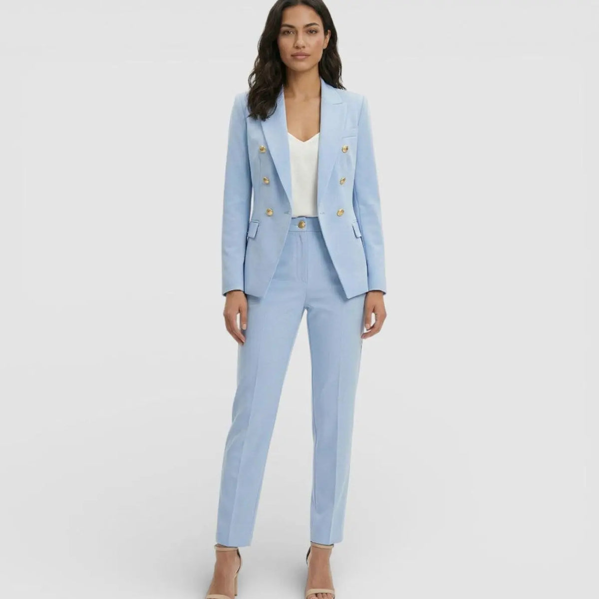Women's Double-Breasted Gold-Button Blazer Trouser Suit Set - Light Blue