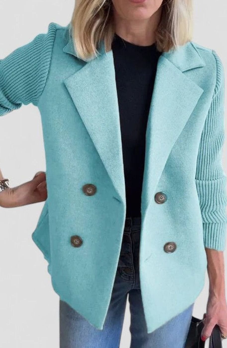 Women's Double-Breasted Knit-Sleeve Tailored Blazer - Light Blue