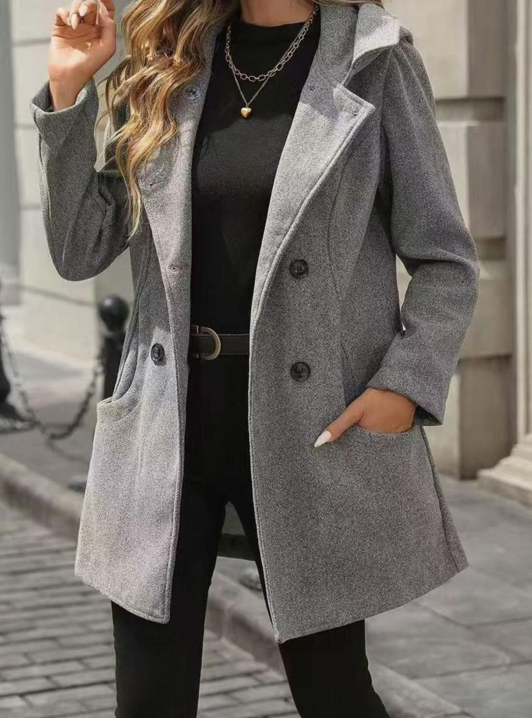 Women's Double-Breasted Lapel Wool-Blend Midi Coat Pockets - Grey