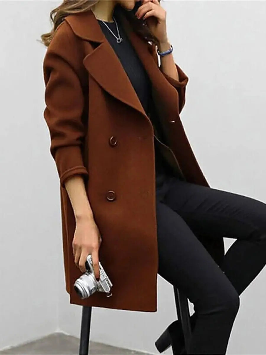 Women's Double-Breasted Longline Wool-Blend Jacket Coat - Brown