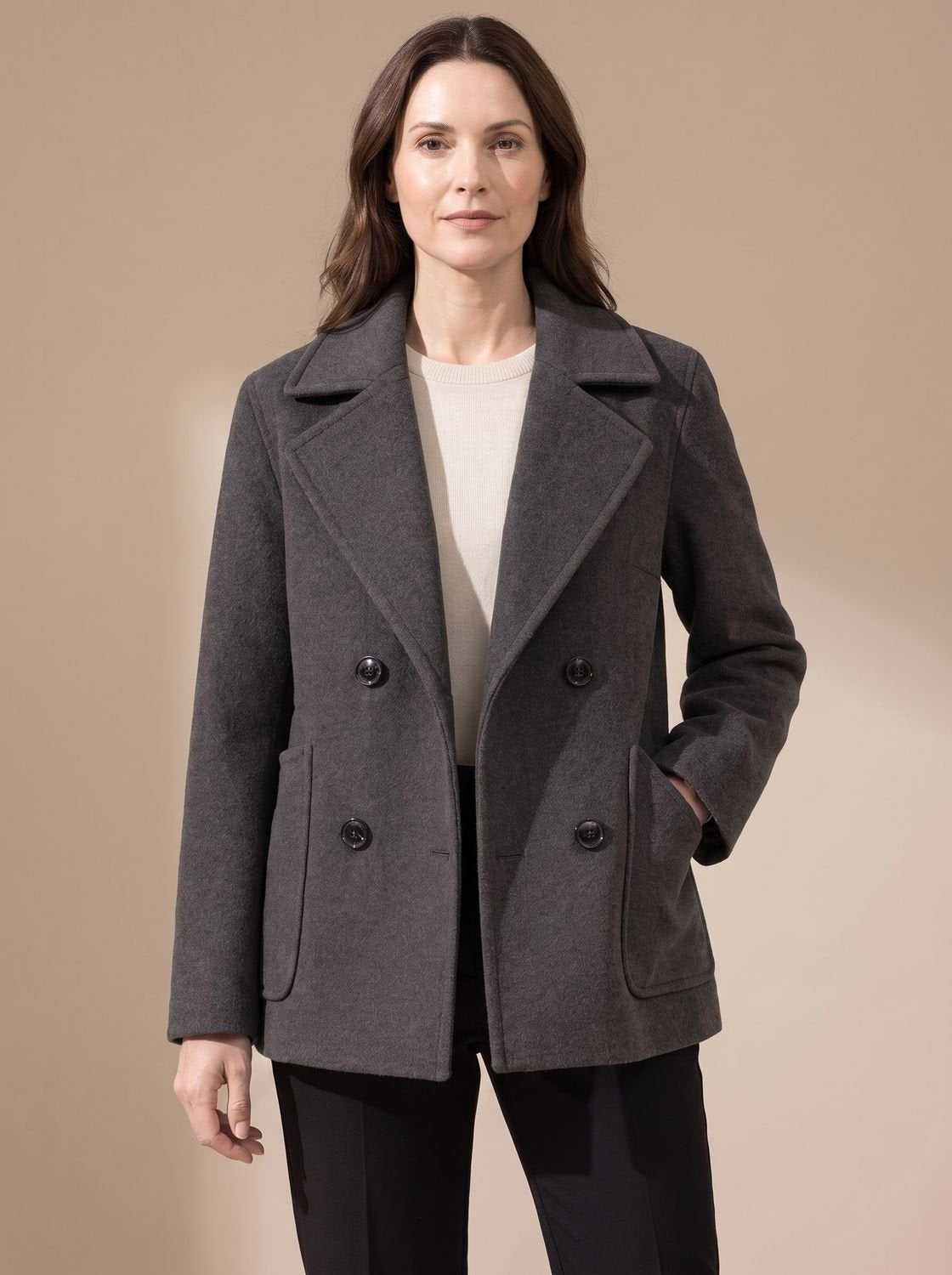 Women's Double-Breasted Notch Lapel Wool Coat Short Relaxed Fit - Grey