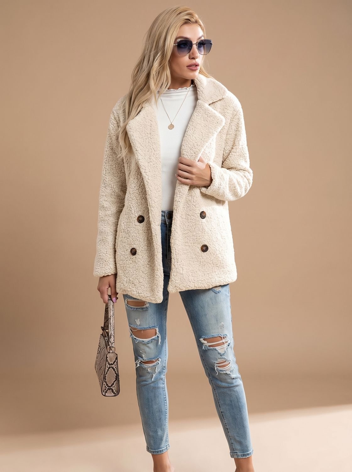 Women's Double-Breasted Oversized Teddy Coat Faux Fur Jacket