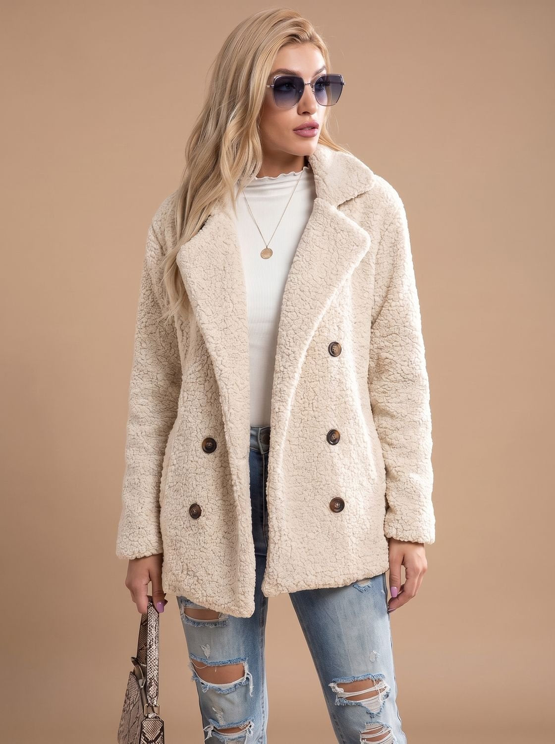 Women's Double-Breasted Oversized Teddy Coat Faux Fur Jacket - Milk White
