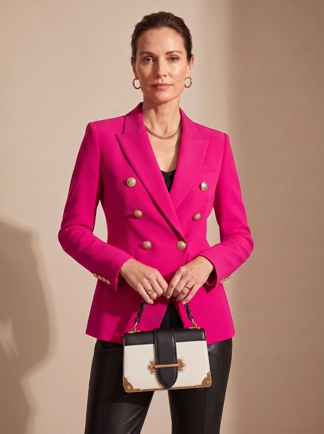 Women's Double-Breasted Tailored Blazer Gold-Tone Buttons - Pink