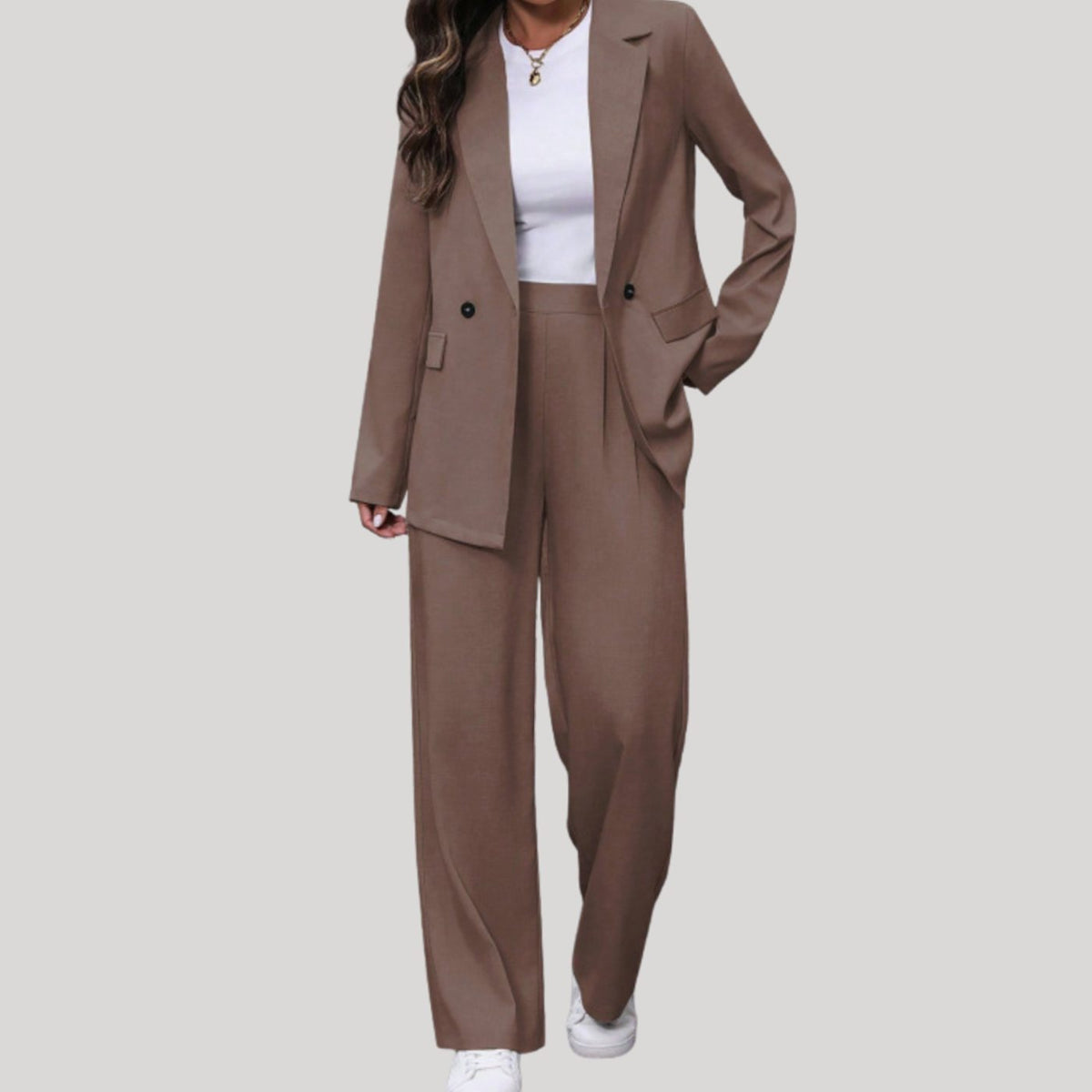 Women's Double-Breasted Tailored Wide-Leg Trouser Suit, Burgundy - Brown