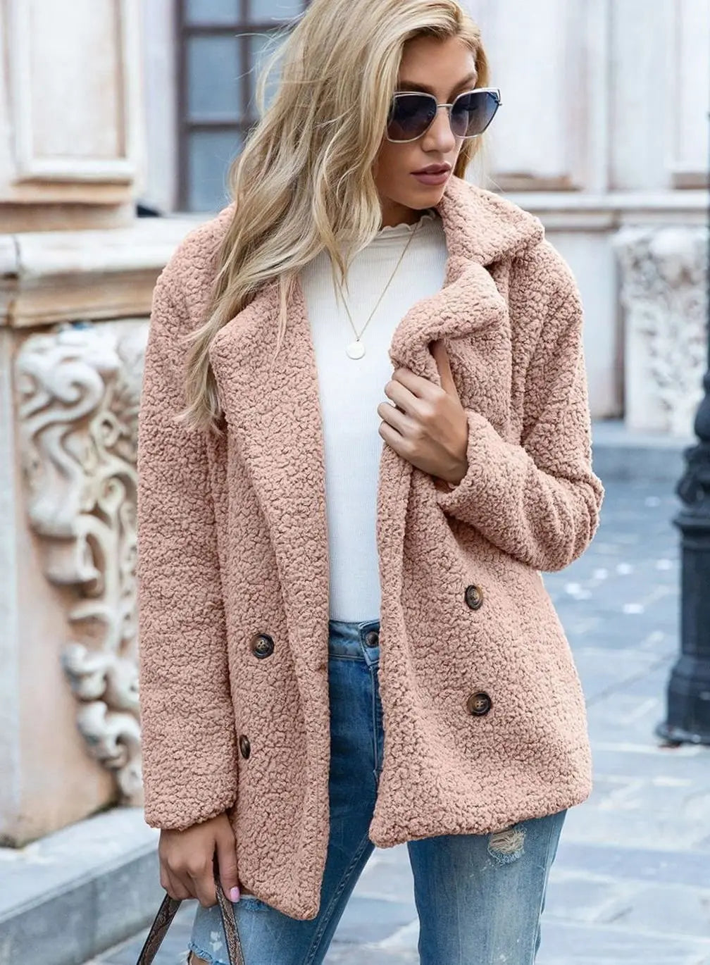 Women's Double-Breasted Teddy Bear Winter Coat Notched Lapel