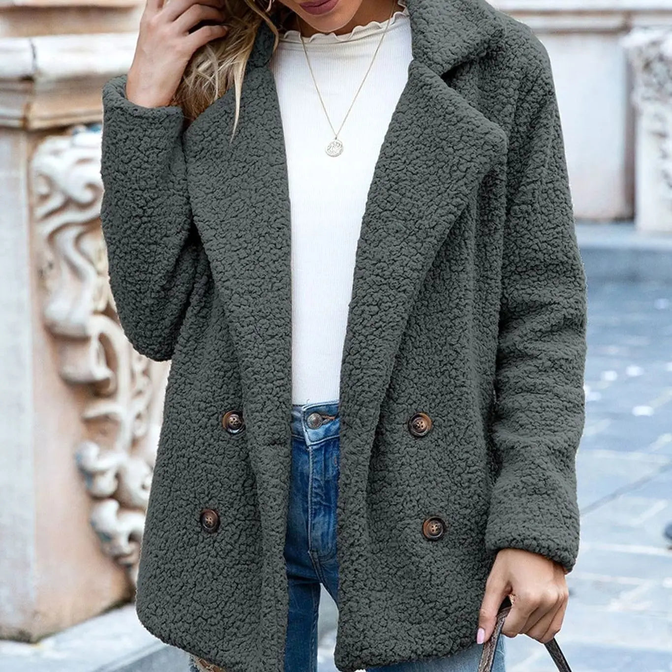 Women's Double-Breasted Teddy Bear Winter Coat Notched Lapel - Grey