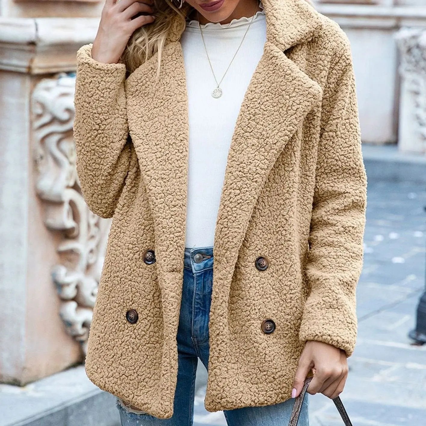 Women's Double-Breasted Teddy Bear Winter Coat Notched Lapel - Khaki