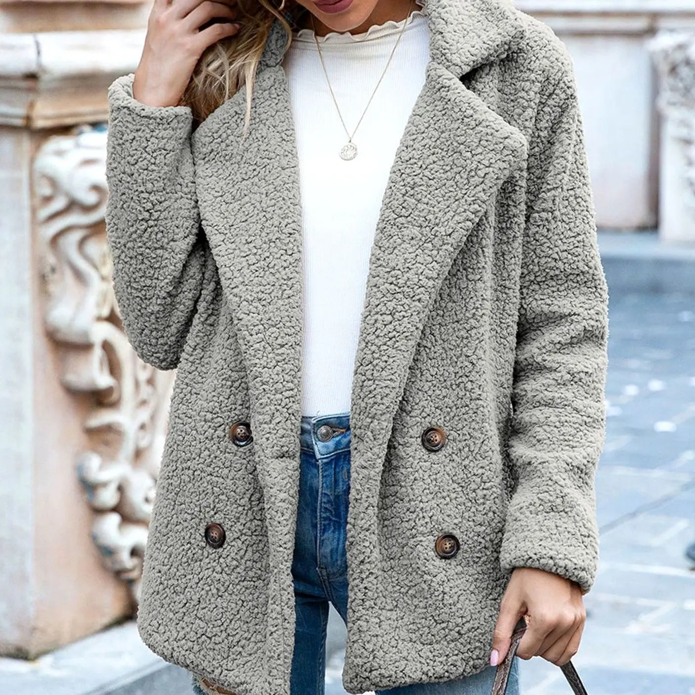 Women's Double-Breasted Teddy Bear Winter Coat Notched Lapel - Light Grey
